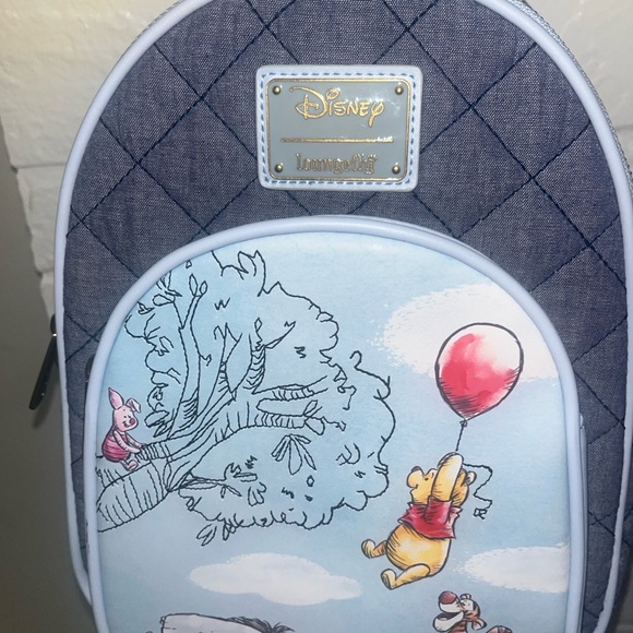 Loungefly Disney Winnie The Pooh Nwot Denim Backpack Vegan Leather - Picture 4 of 13